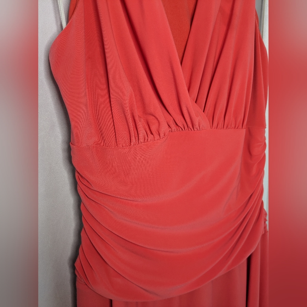 Nine West Fireglow Coral Sleeveless Ruched Halter Cocktail Dress V-Neck, Size: 8 - Picture 4 of 7